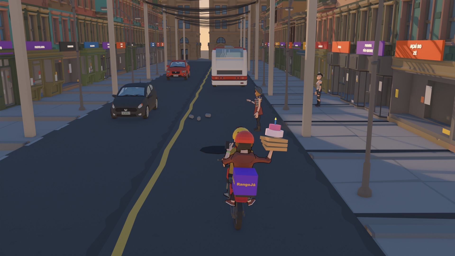 Câmera de jogo atrás da moto no Centro